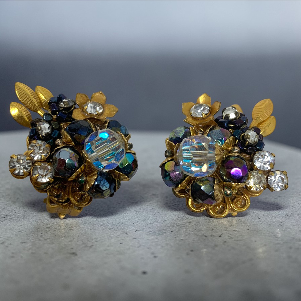 Vintage Robert Signed AB Crystal Rhinestone Floral Clip Earrings Gold Tone